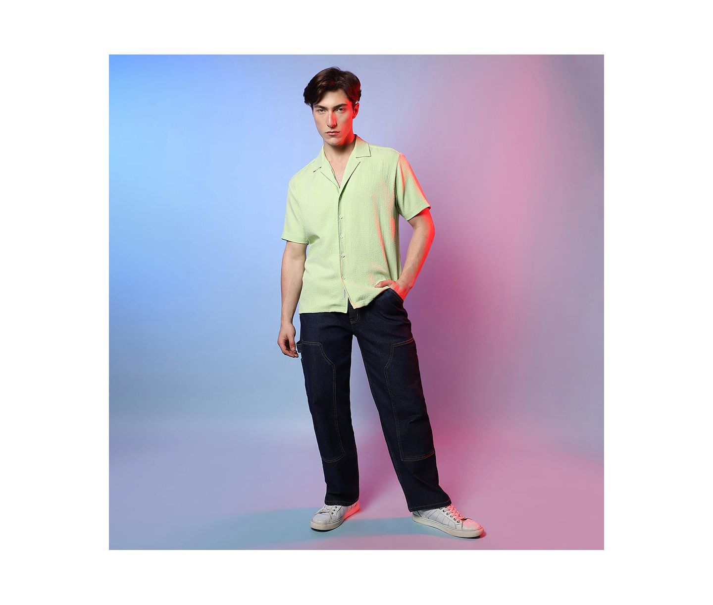 Мужская рубашка Cahoot Lime Green Self-Design Creased Box, цвет: Зелёный — фото 5