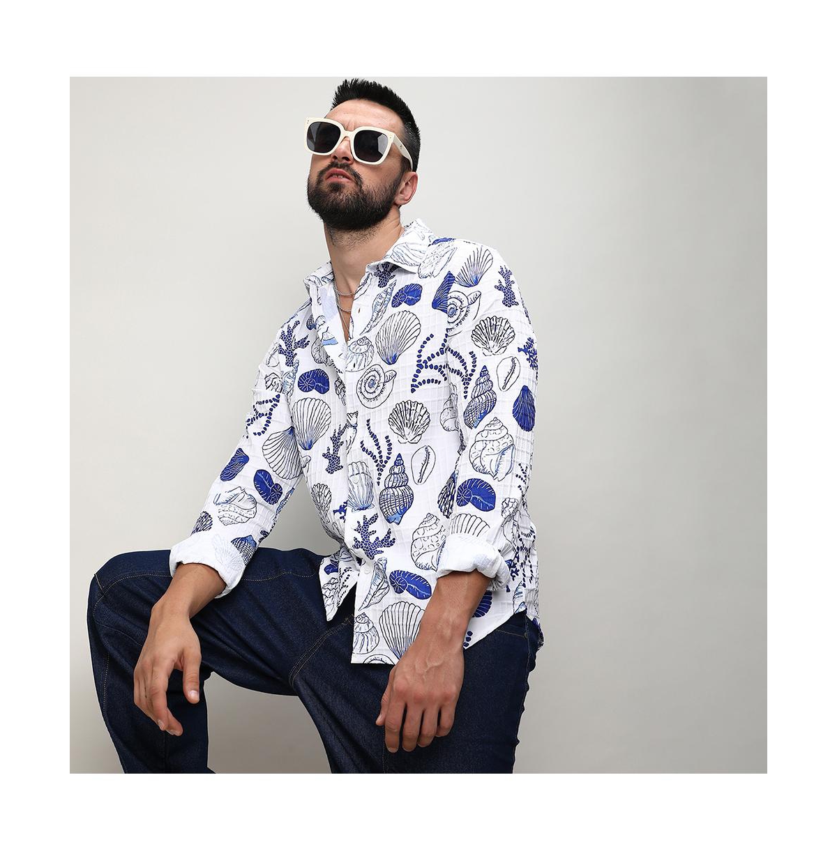 Campus Sutra Men's ChalkIndigo Blue Seashell Shirt - White