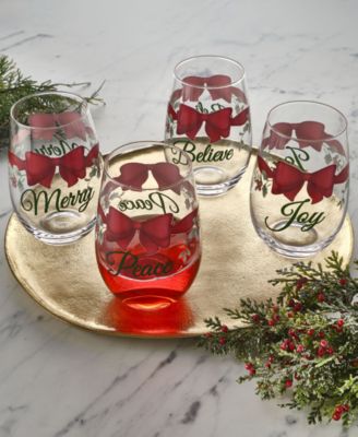 Red Ribbon Stemless Wine Glasses, Set of 4
