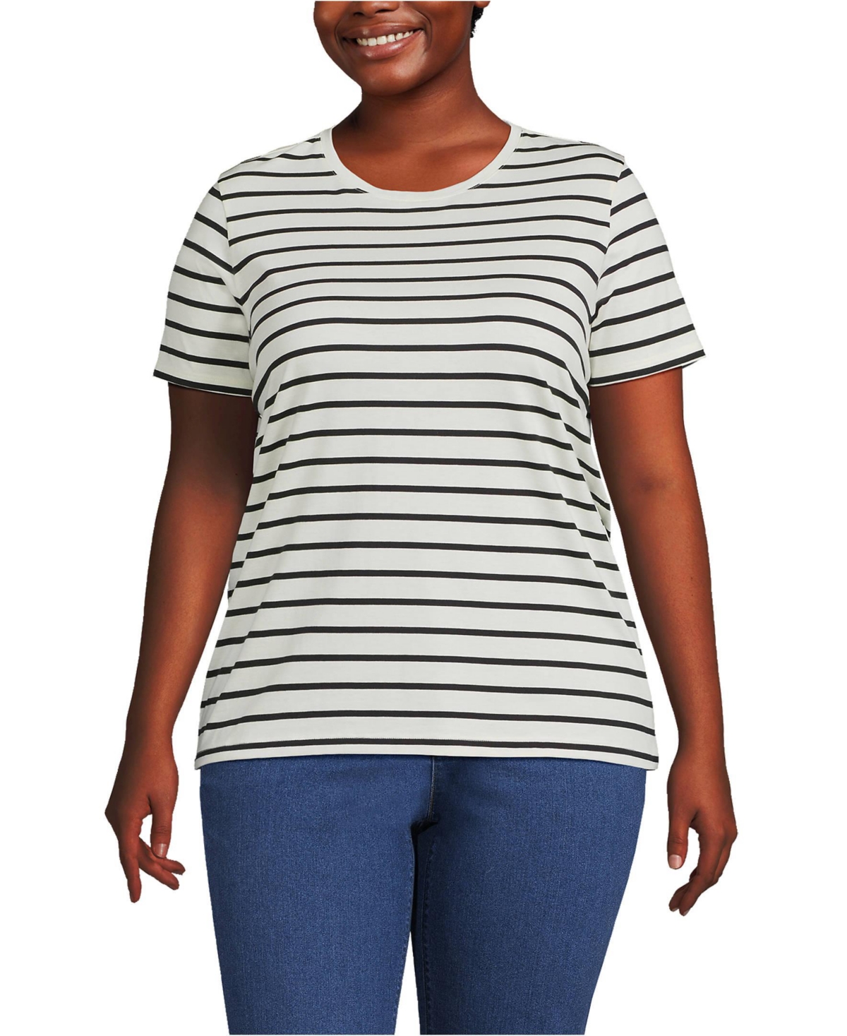 Plus Size Relaxed Supima Cotton Crew Neck T-Shirt - Navy/white breton stripe