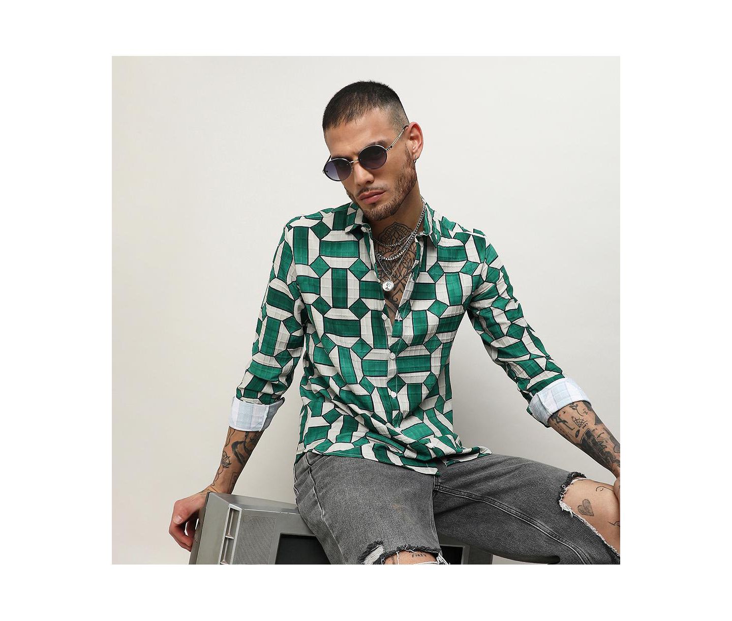 Мужская рубашка Cahoot Emerald Green & Ivory White Contrast Block, цвет: Белый — фото 2