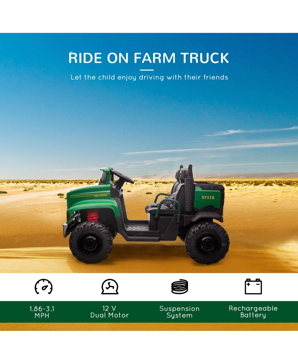 Aosom 12V Truck Ride-on Toy with High-Traction Wheels, Outdoor Toy,- Green