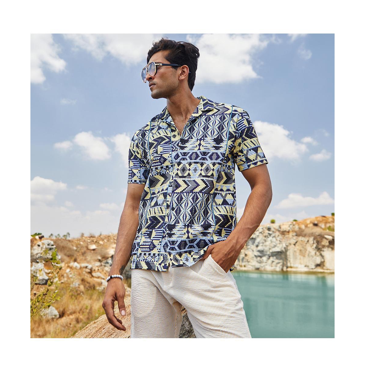 Campus Sutra Men's Sky& Lemon Yellow Bohemian Shirt - Blue