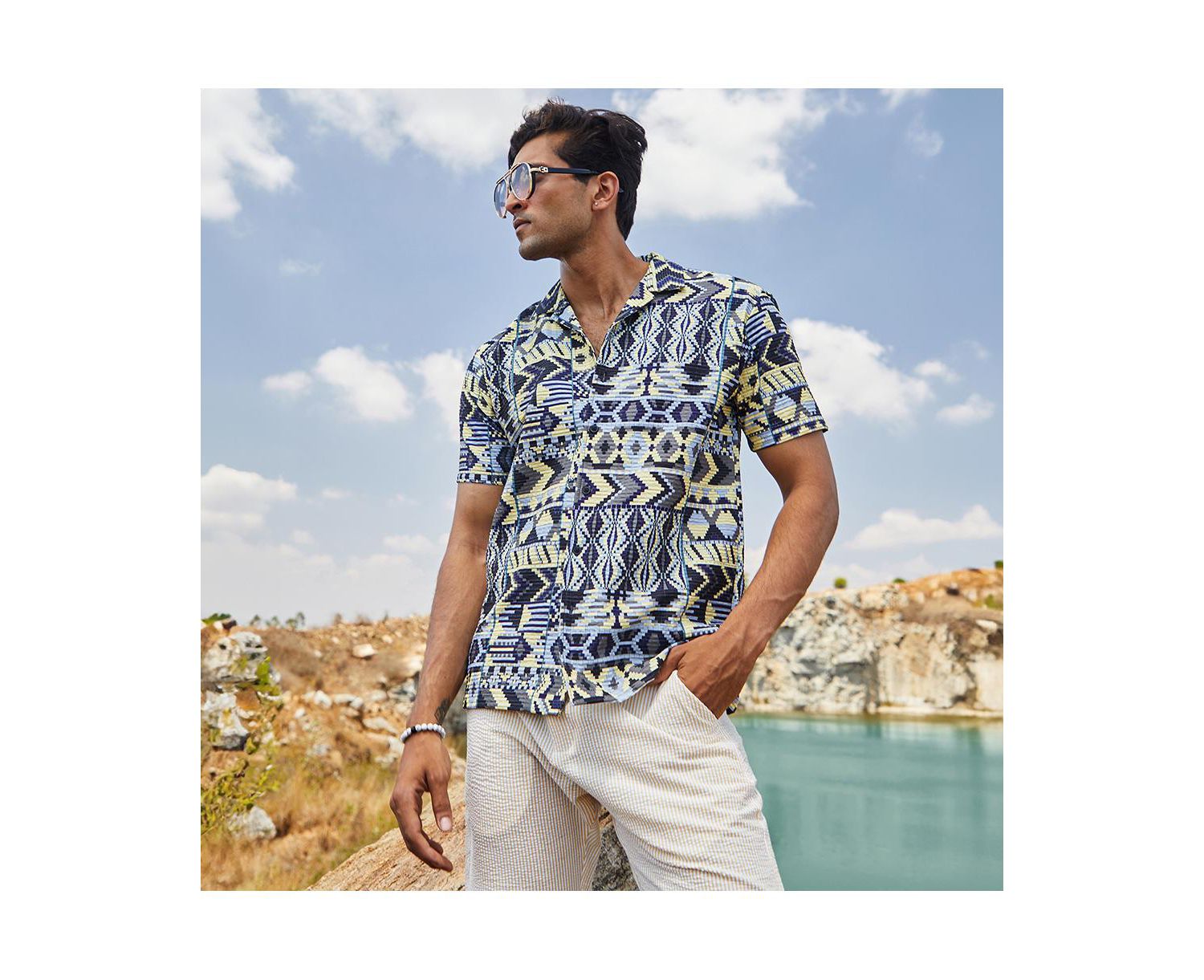 Men's Sky Blue & Lemon Yellow Bohemian Shirt