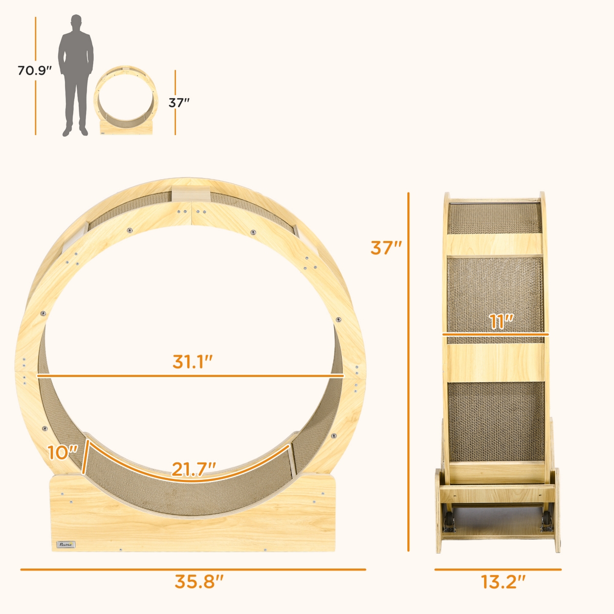 PawHut Cat Wheel for Indoor Cats with Brake for Health and Fitness,- Oak