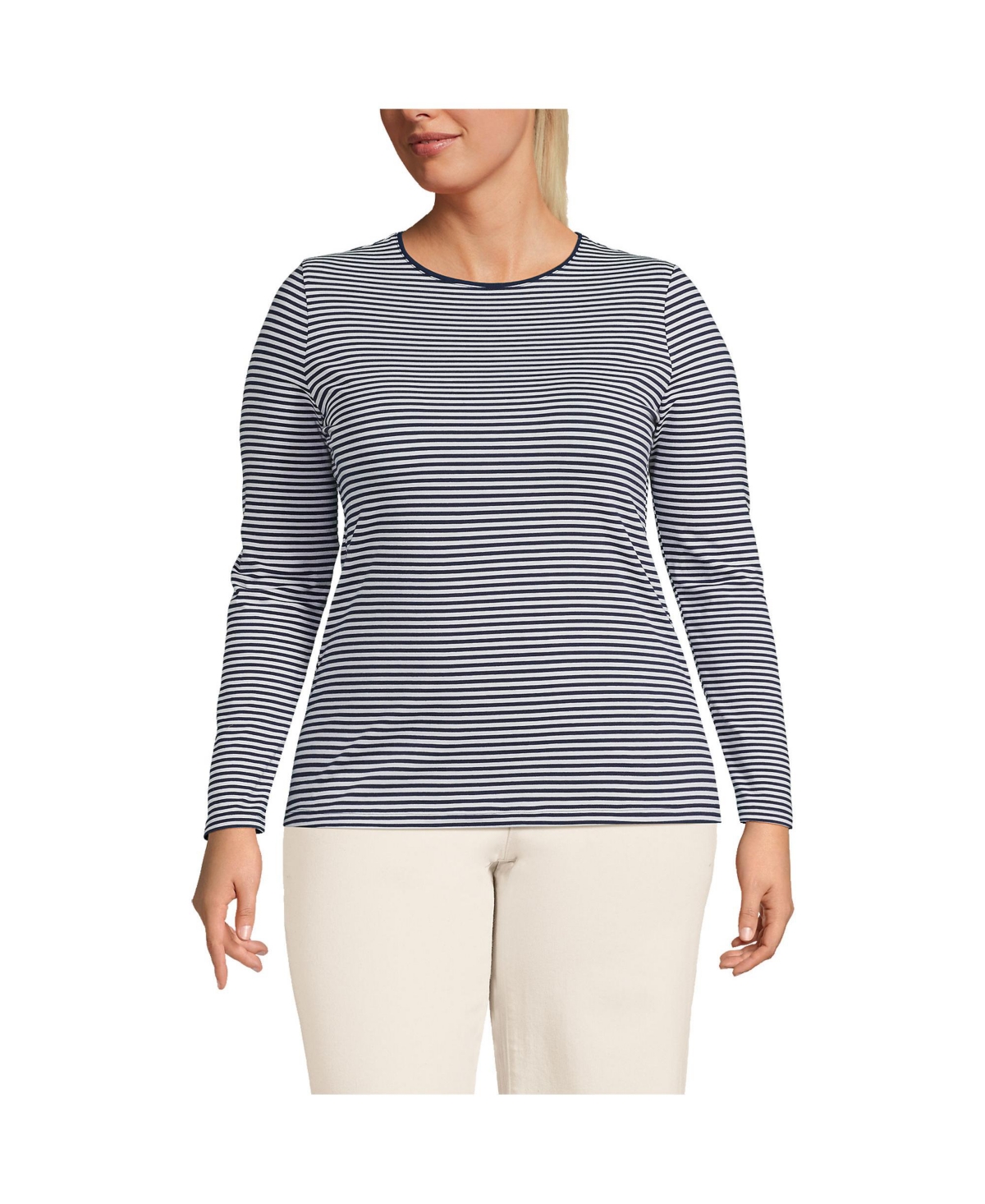 Plus Size Lightweight Jersey Skimming Long Sleeve Crew Neck T-shirt - Navy/white micro stripe