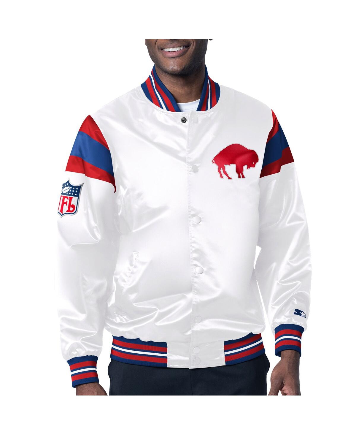 STARTER MEN'S WHITE/ROYAL BUFFALO BILLS VINTAGE-LIKE SATIN FULL-SNAP VARSITY JACKET 