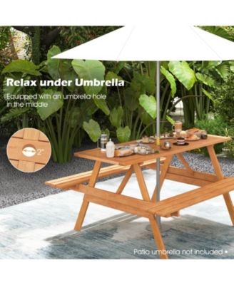 6 Person Picnic Table Set Patio Rectangle with 2 Built-in Benches and Umbrella Hole