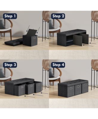 40" Linen Collapsible Tufted Linen Long Bench Storage Ottoman with 3 Drawers