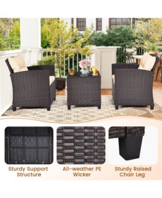 3 Pieces Patio Rattan Furniture Set with Washable Cushions and Tempered Glass Tabletop