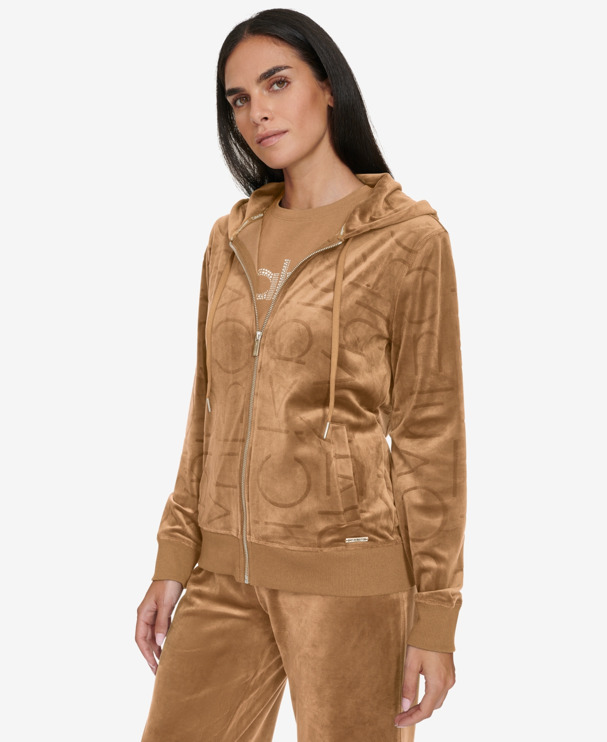 Calvin Klein Women's Tonal Logo Velour Zip-Front Hoodie