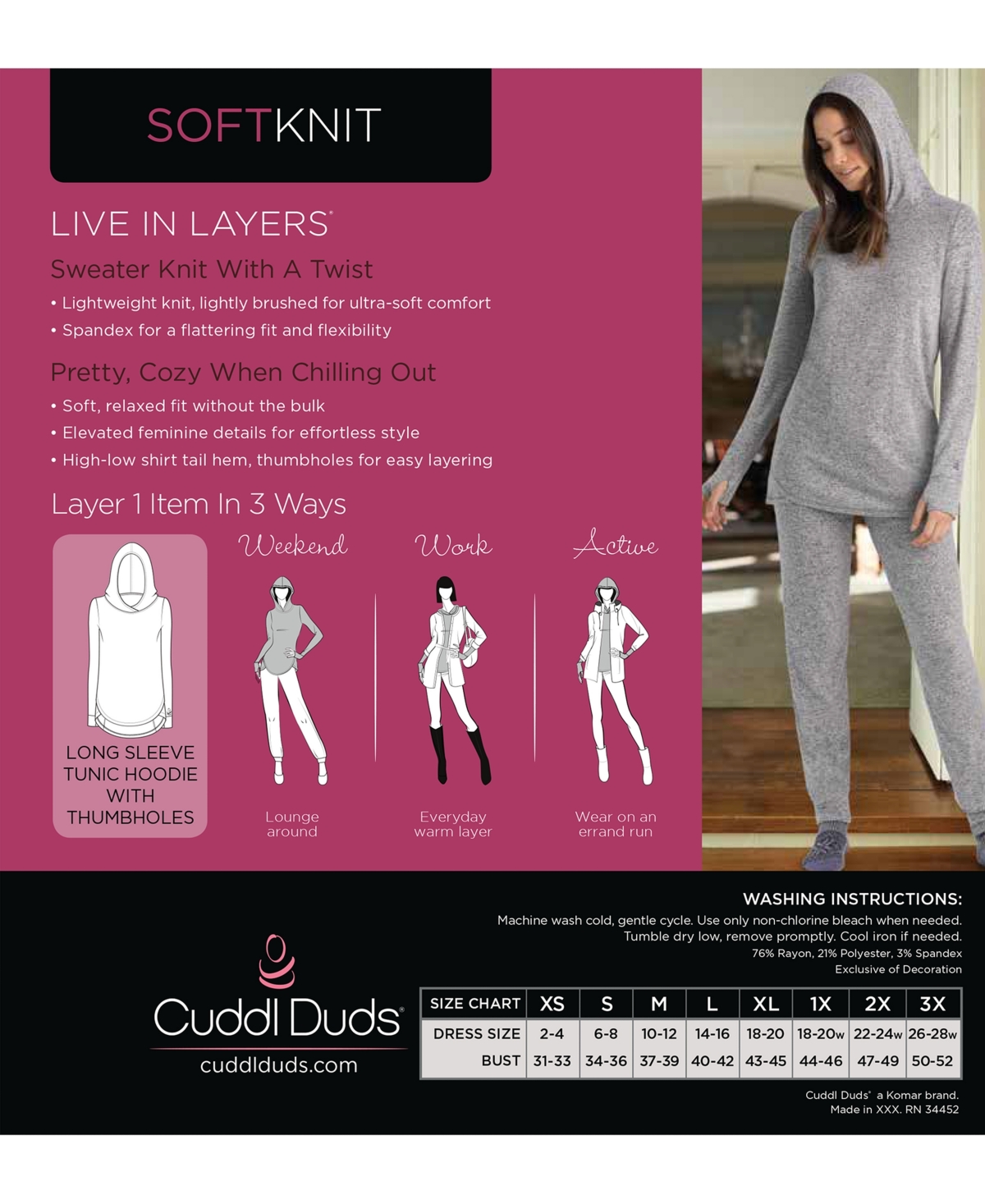 CUDDL DUDS PLUS SIZE SOFTKNIT LONG-SLEEVE TUNIC HOODIE 