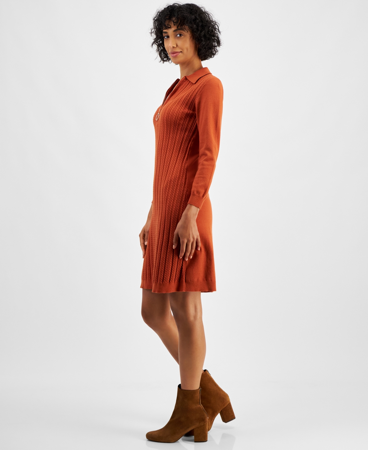 Robbie Bee Petite Cable-knit Half-zip Sweater Dress In Spice