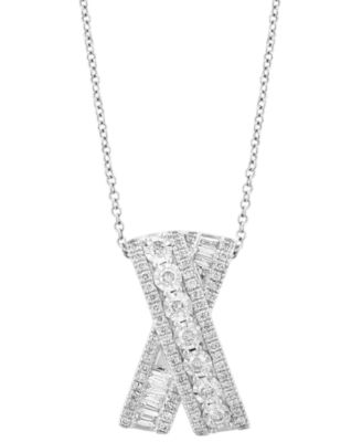 EFFY&reg; Diamond Round & Baguette Crossover 18" Pendant Necklace (3/4 ct. t.w.) in 14k White Gold