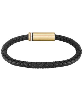 Men's Ares Single Ionic Plated Thin Gold Steel Black Leather Bracelet