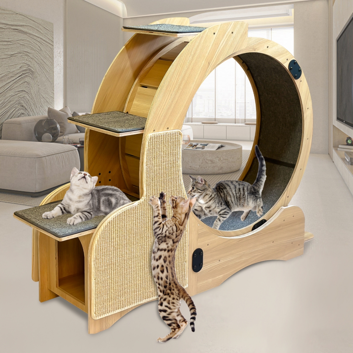 Streamdale Furniture 5-in-1 Cat Activity Center: Running Wheel, Scratching, Climbing, Litter, Food