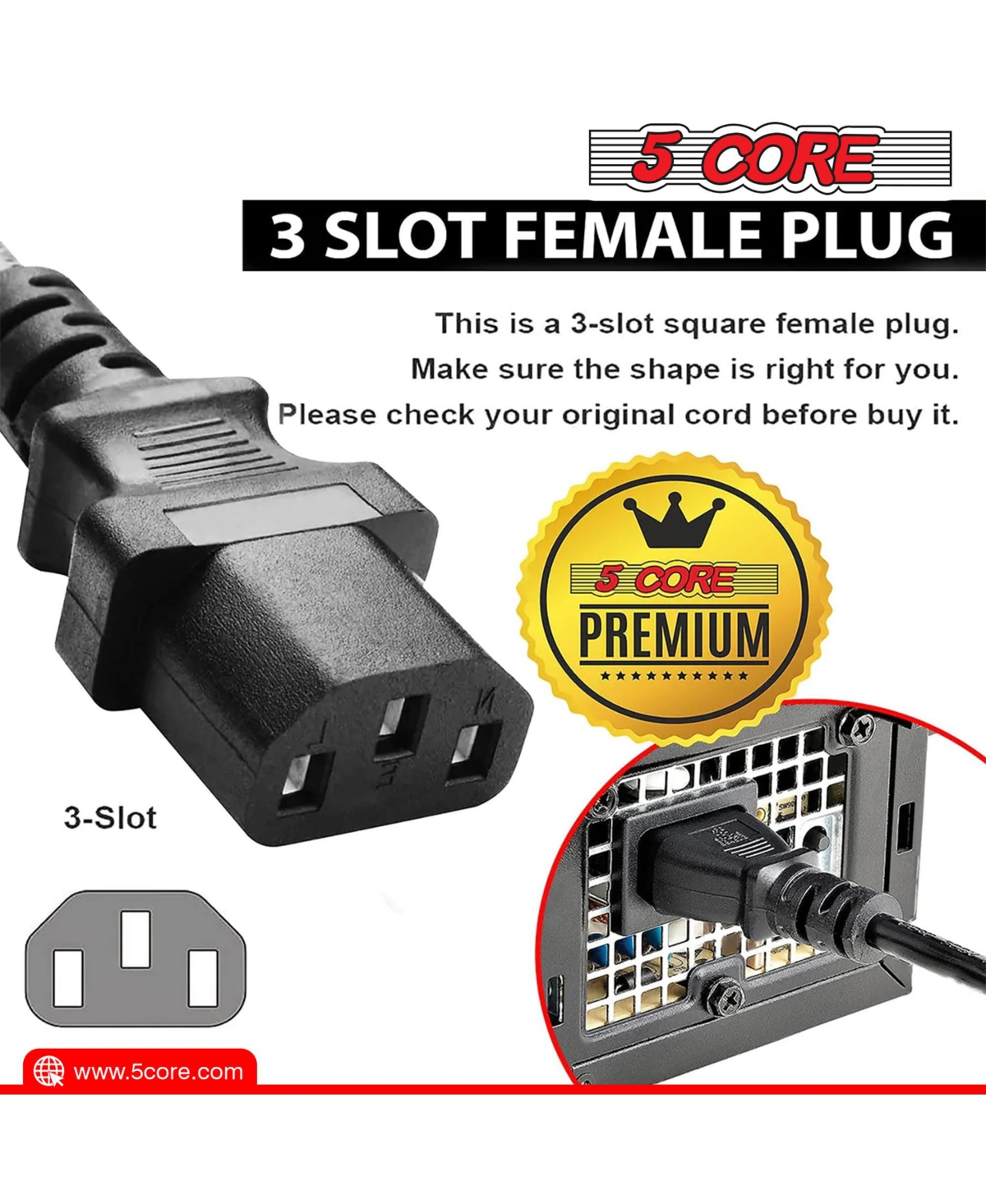 5 Core 6 Feet 2 Pieces 3 Prong Replacement Ac Wall Power Cord for Lcd Computer Monitor Premium Quality Copper Wire Pc 1001 2 Pcs