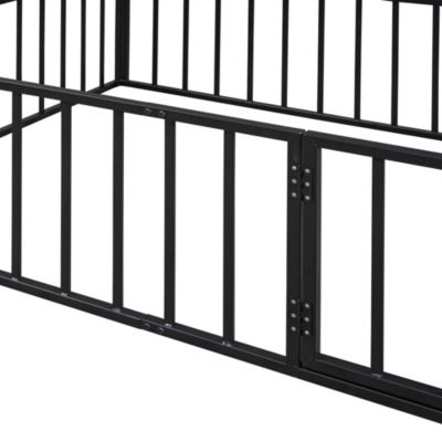 Full Size Metal Floor Bed Frame with Fence and Door