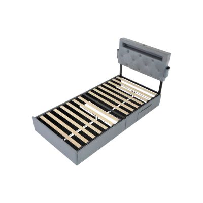 Twin Bed Frame with USB Charging, LED Lights, Headboard, & Storage Drawers