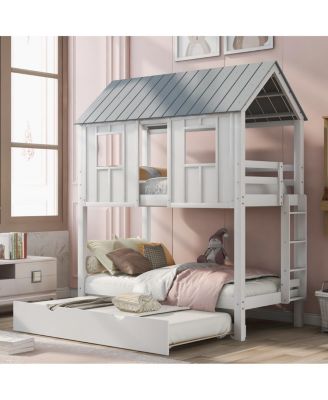 House Bunk Bed With Trundle, Roof And Windows Twin