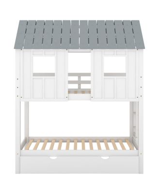 House Bunk Bed With Trundle, Roof And Windows Twin