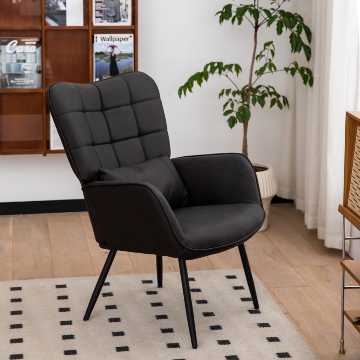 Simplie Fun Modern Leather Accent Chair with High Back and Metal Legs