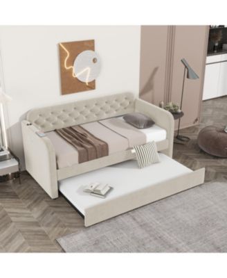 Twin Size Upholstered Daybed with Trundle and USB Charging Design, Velvet Upholstered Daybed Frame, Twin Sofa Bed for Living Room Bedroom, No Box Spring Needed, Plush velvet fabric LIGHT BEIGE 2#