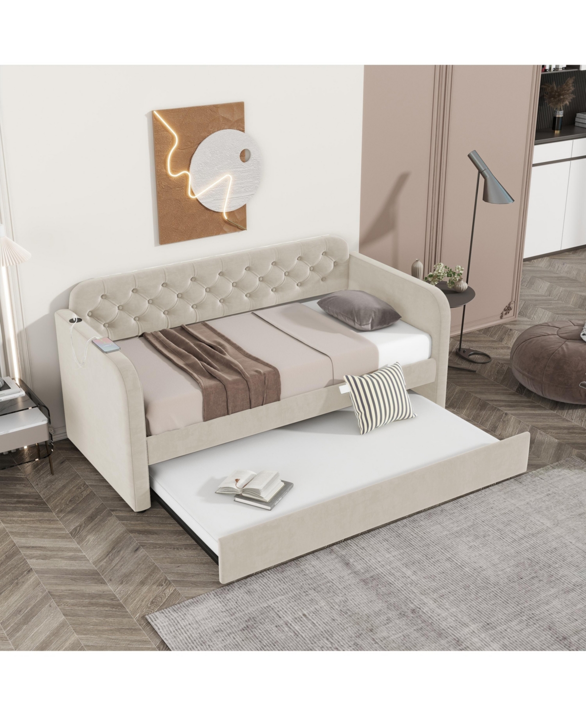 Streamdale Furniture Size Upholstered Daybed with Trundle and Usb Charging Design, Velvet Upholstered Daybed Frame, Sofa Bed for Living Room