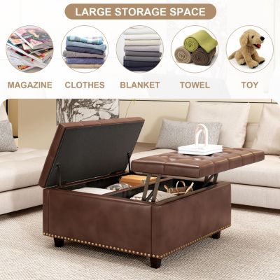 PU Leather Oversized Storage Ottoman with Nailhead Trim