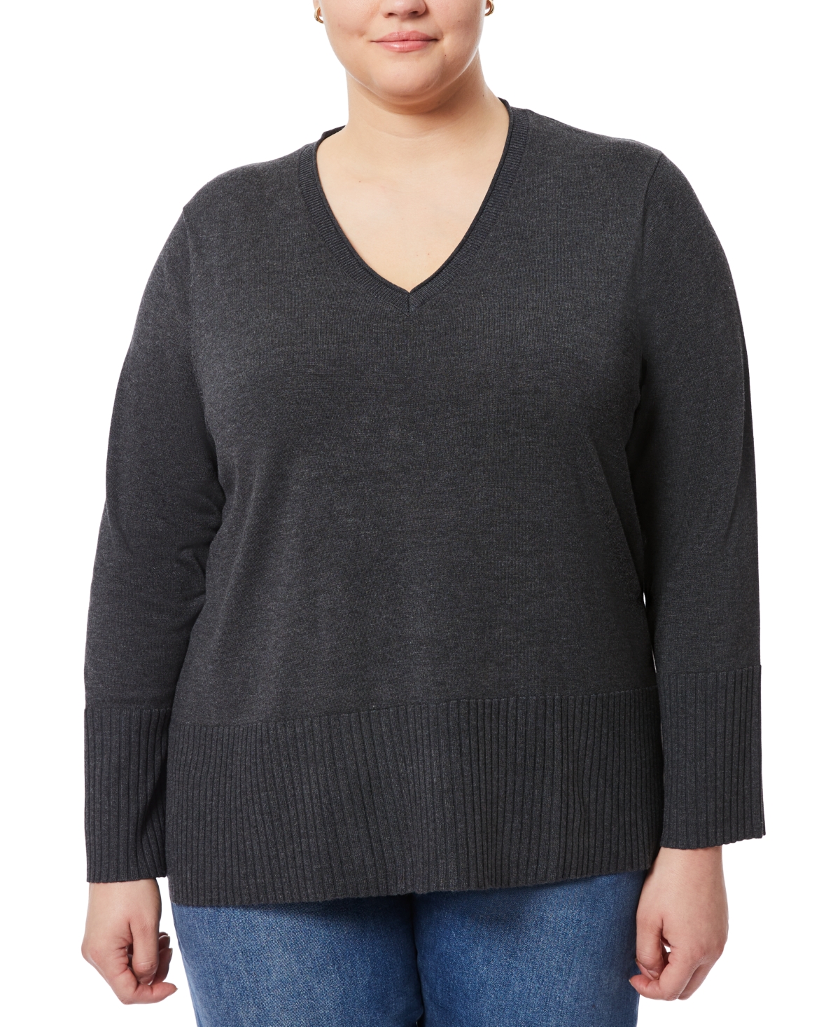 Plus Size Solid V-Neck High-Cuff Sweater - Charcoal Grey