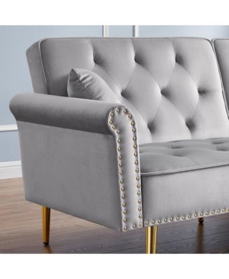   Velvet Tufted Sofa Couch with 2 Pillows and Nailhead Trim