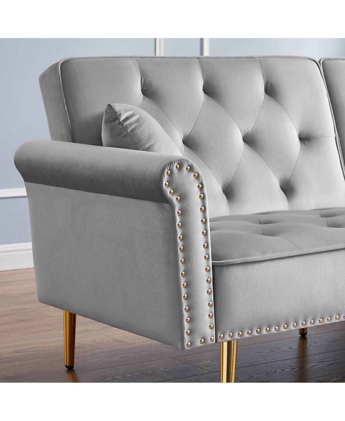 Streamdale Furniture Grey Velvet Tufted Sofa Couch with 2 Pillows and Nailhead Trim