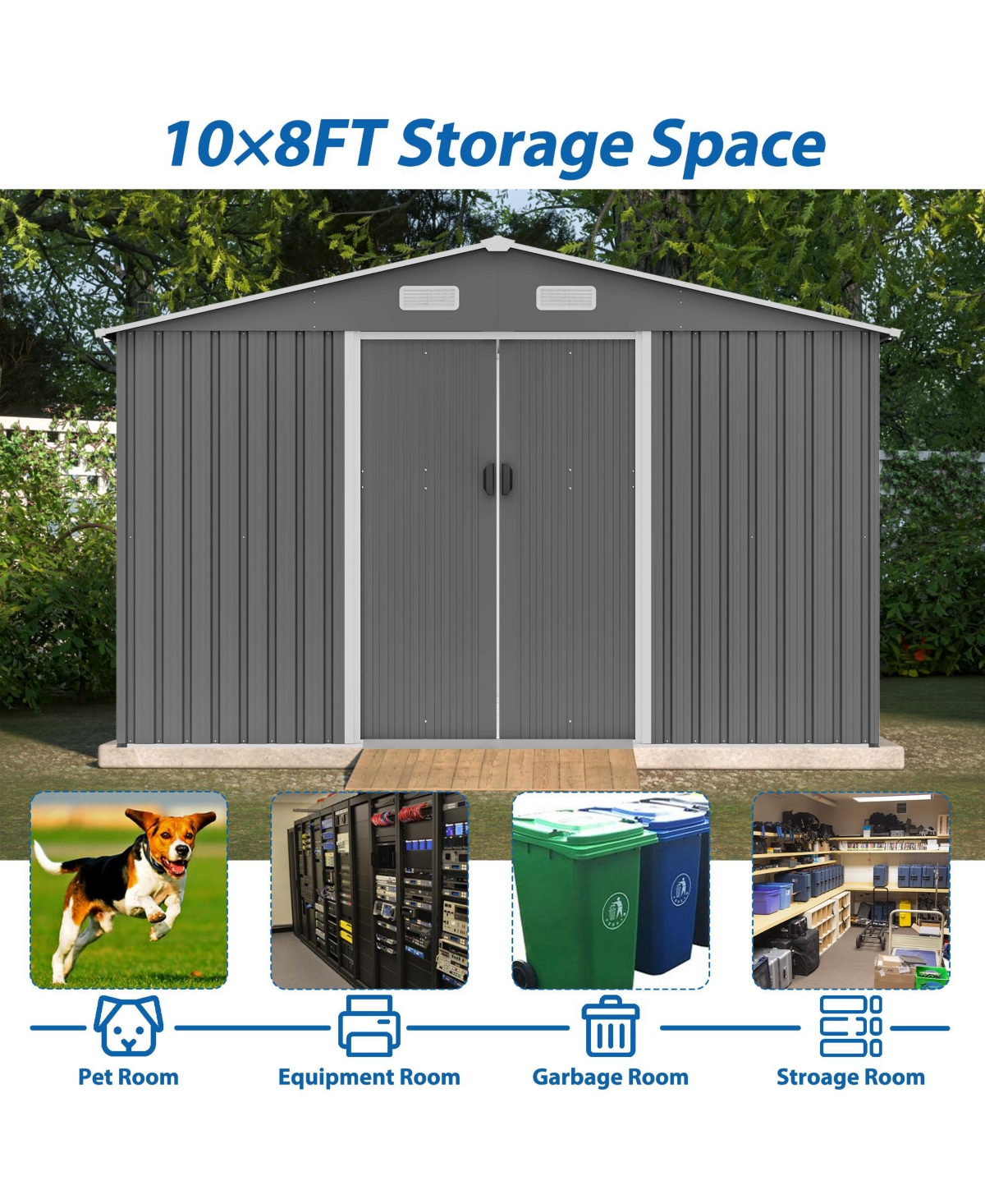 10x8FT Outdoor Storage Shed with Metal Base & Lockable Doors