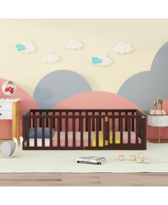 Twin Size Wood Floor Bed Frame With Fence And Door, Walnut