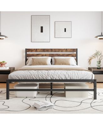 Queen Size Platform Bed Frame With Rustic Vintage Wood Headboard, Strong Metal Slats Support