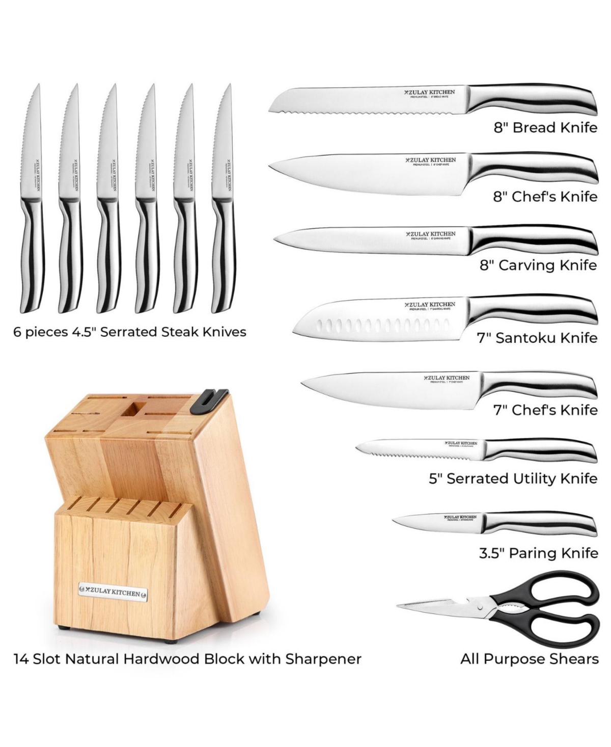 Zulay Kitchen 15 Piece Stainless Steel Knife Set with Block and Sharpener