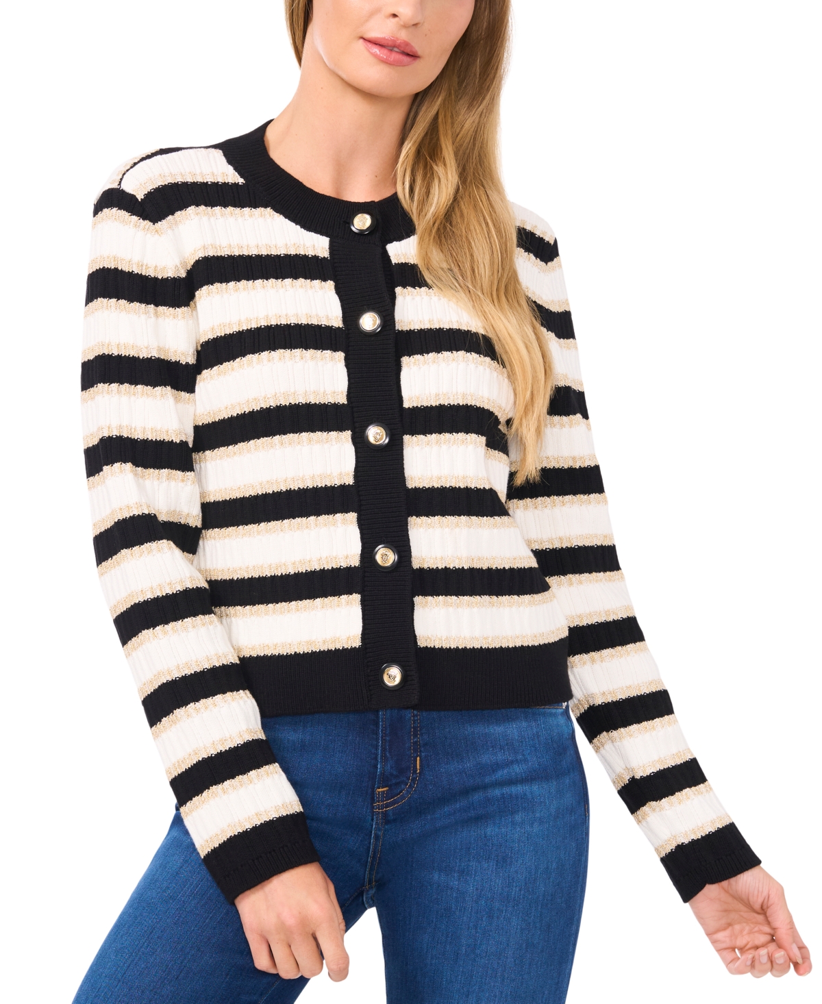 Cece Women's Striped Cardigan In Rich Black