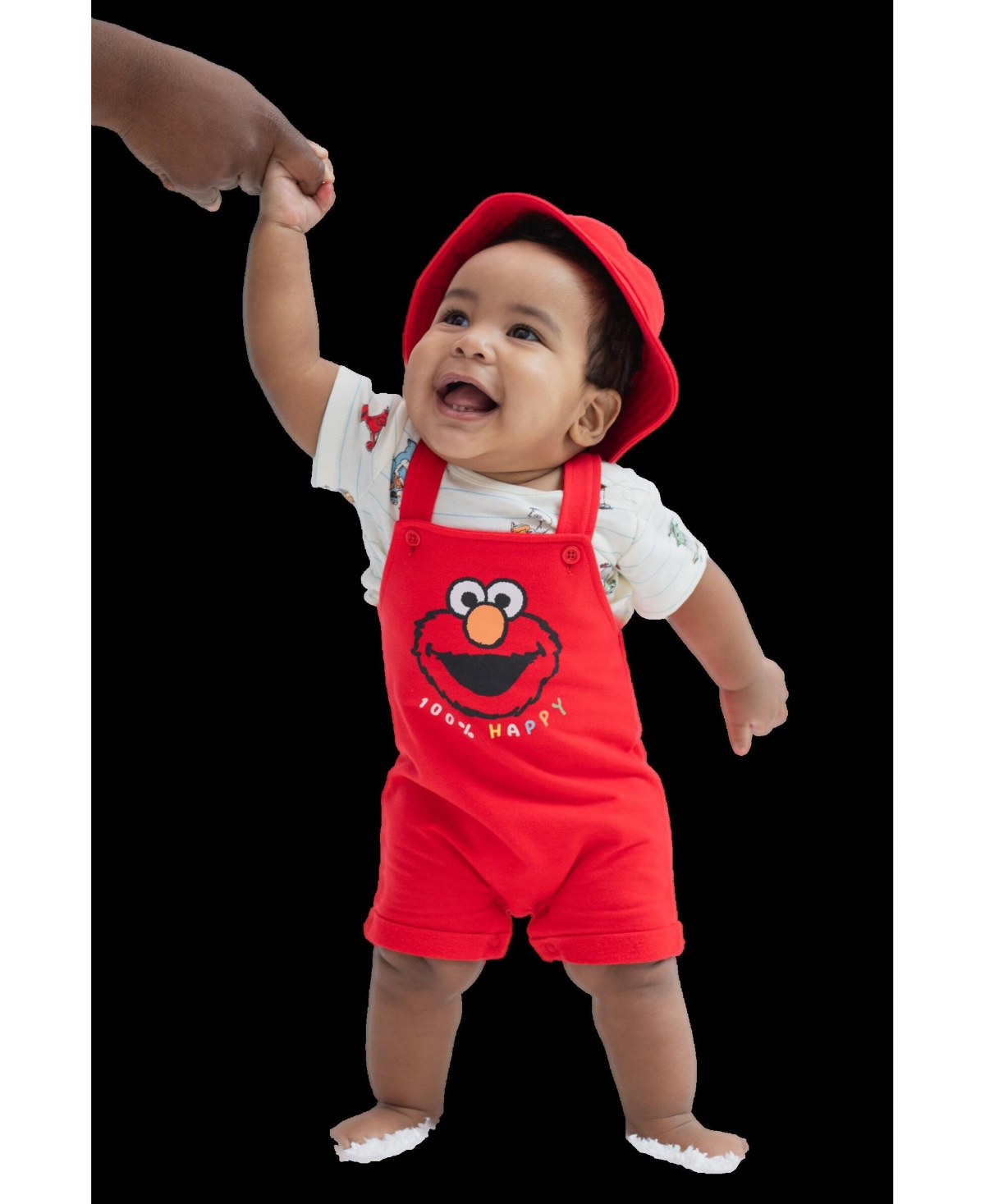Sesame Street Baby Boys Elmo French Terry Short Overalls T-Shirt and Hat 3 Piece Outfit Set to -/ white