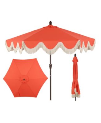 9ft Tassel Market Patio Umbrella Auto-Tilt, Crank, Wind Vent UV Protection