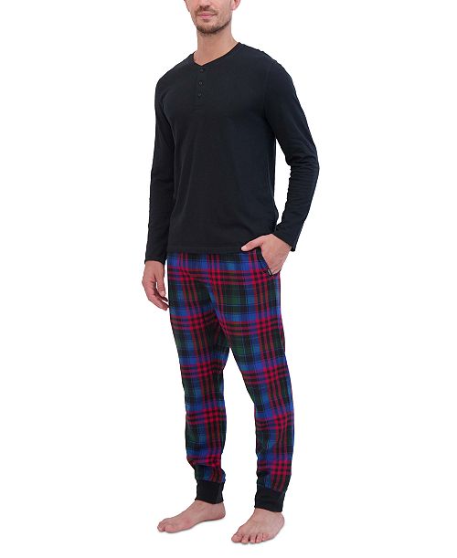 alfani Hanes Men’s 2-Pc. Long-Sleeve Henley Crew Top & Ultra Soft Flannel Jogger Pant Sleep Set Men's Fashion & Accessories