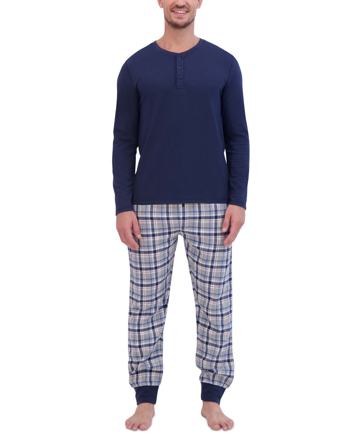 Men's Ultimate 2-Pc. Solid Long-Sleeve Henley & Ultra-Soft Plaid Joggers Pajama Set - Indigo