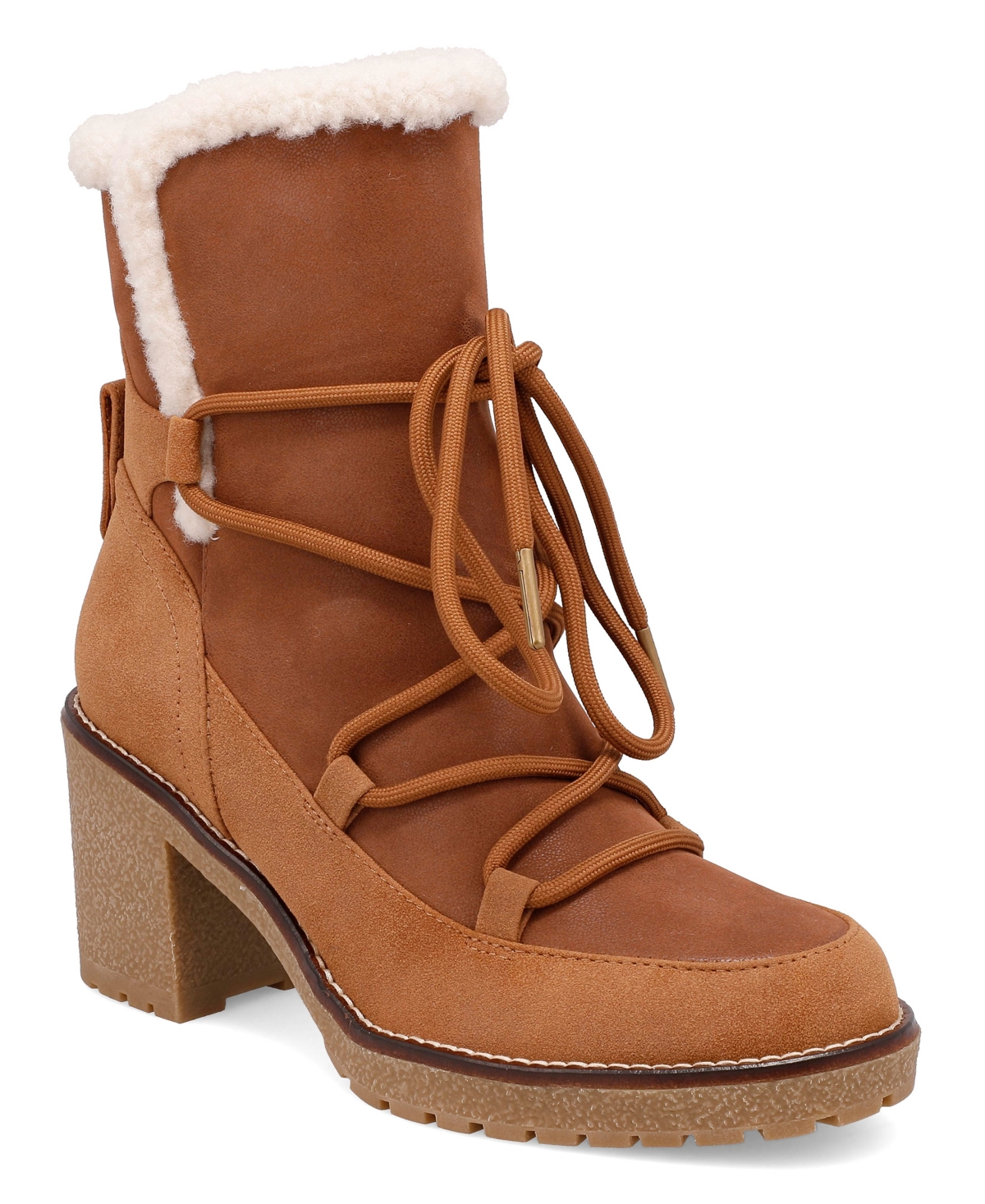 Women's Holiday Cold Weather Sherpa Lace Up Block-Heel Booties - Cognac