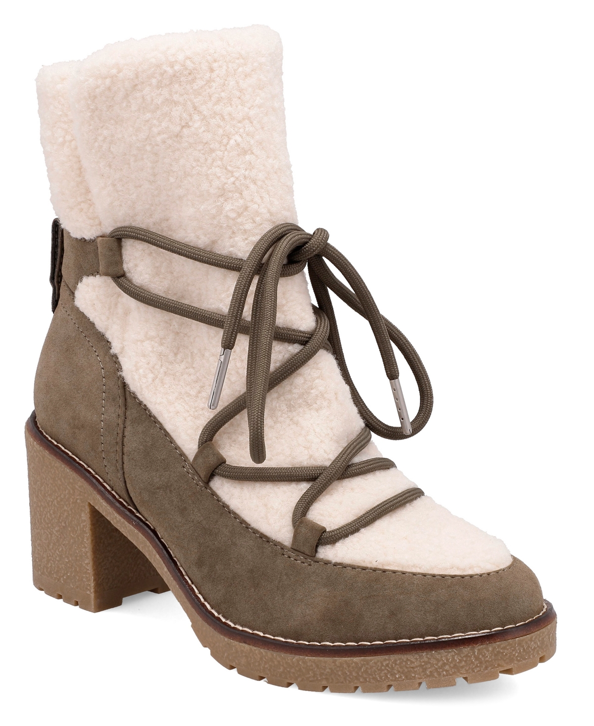 Mia Women's Holiday Cold Weather Sherpa Lace Up Block-heel Booties In Khaki,off-white