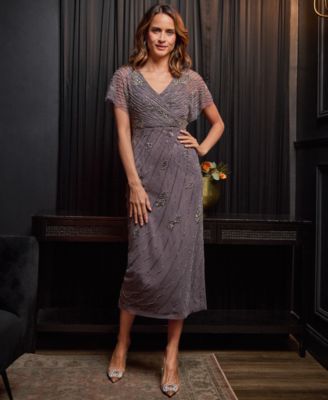 sequin beaded cocktail dress with flutter sleeves and scallop trim Bordeaux Flutter Sleeve Sequin Beaded Midi Dress main image 0