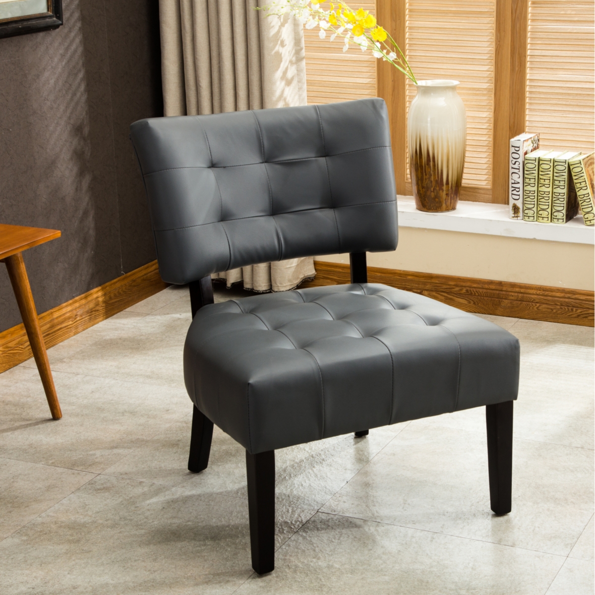 Simplie Fun Blended Leather Tufted Accent Chair with Oversized Seating, Gray
