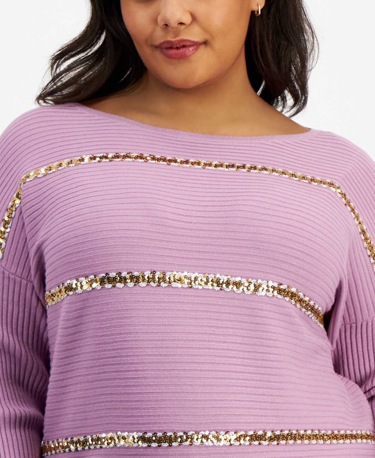 JM COLLECTION PLUS SIZE SEQUIN-STRIPE BOAT-NECK SWEATER, CREATED FOR MACY'S 