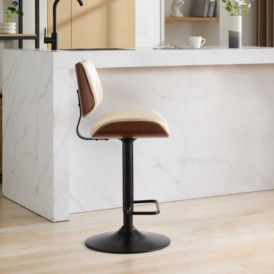 Walnut Bentwood Bar Stool with Faux Leather Seat and Ergonomic Back