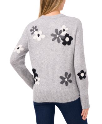 Women's Crewneck Flower Patterned Knit Long-Sleeve Sweater