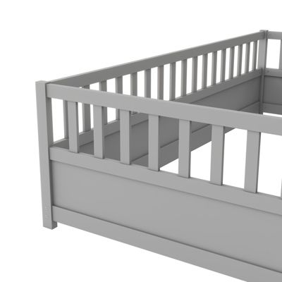 Streamdale Twin Floor Bed with Barrier and Door, Montessori Wooden Frame in Grey
