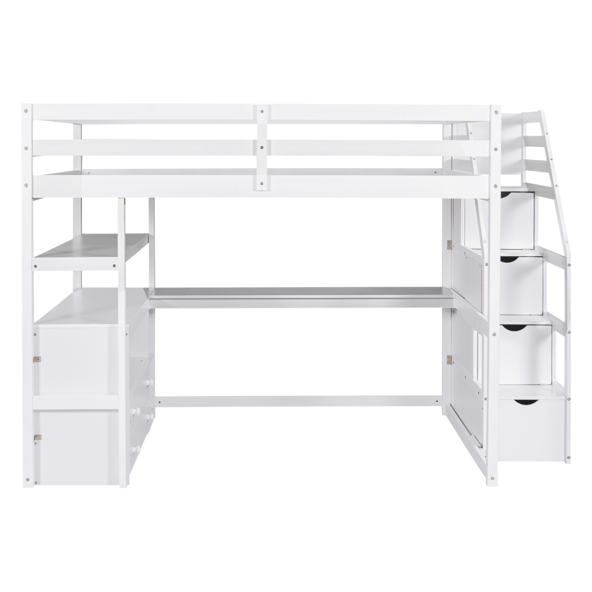 Simplie Fun Full Loft Bed With Desk And Shelves, Two Built-In Drawers, Storage Staircase, Gray
